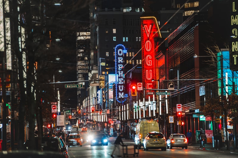 Downtown nightlife with neon lights